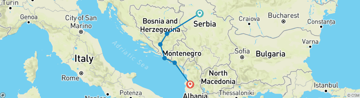 Image of a map showing the route of the tour