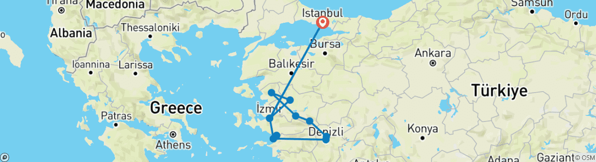 Image of a map showing the route of the tour