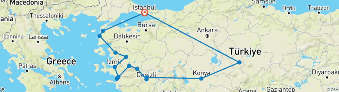 Image of a map showing the route of the tour