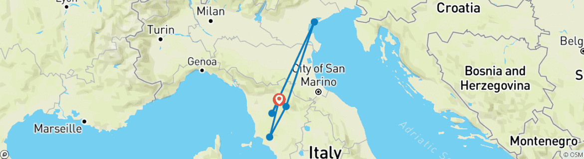 Image of a map showing the route of the tour