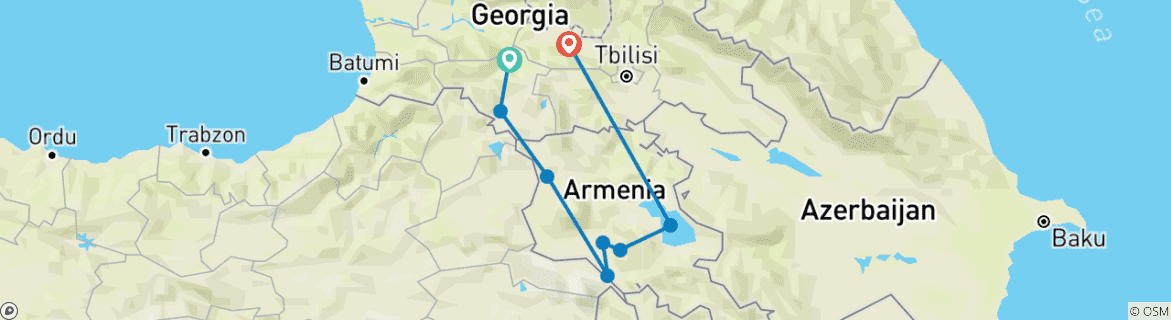 Carte du circuit Explorateur du Caucase : Aventure terrestre de 12 jours à travers l'Azerbaïdjan, la Géorgie et l'Arménie