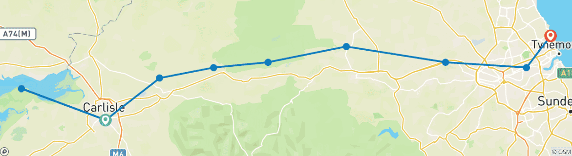 Kaart van Hadrian's Wall - van west naar oost - Carlisle naar Whitley Bay (10 dagen) (10 dagen)
