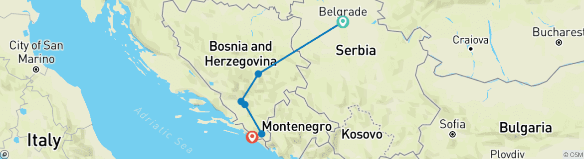 Image of a map showing the route of the tour