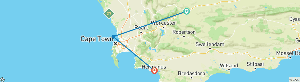 Carte du circuit Le Cap - 3 jours - Aquila Safari avec nuitée et escapade à Robben Island - Meilleure excursion d'observation des baleines au Cap et à Hermanus avec transport