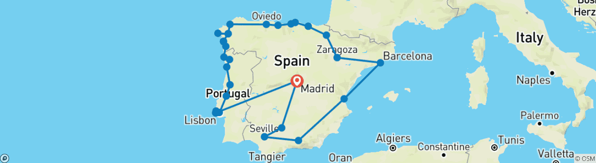 Image of a map showing the route of the tour