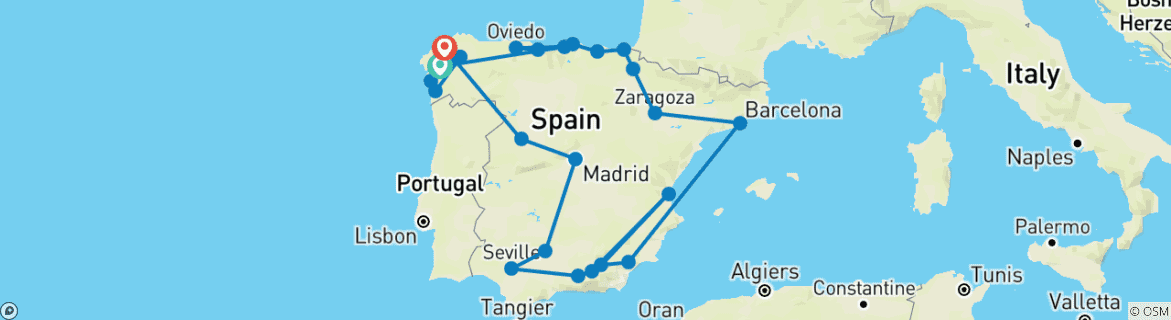 Image of a map showing the route of the tour