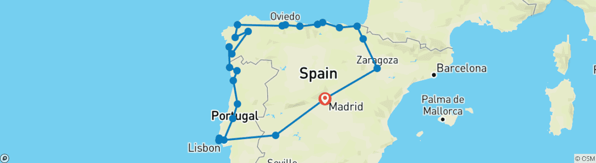 Kaart van Madrid naar Noord-Spanje & Lissabon - 12 dagen