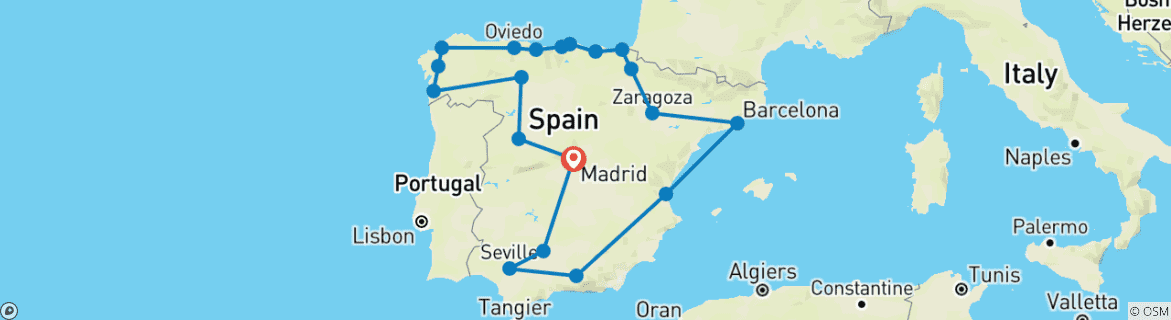 Image of a map showing the route of the tour