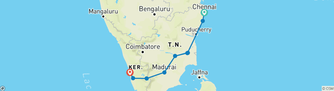 Mapa de Viaje al Patrimonio del Sur de la India y Kerala - 14 Días
