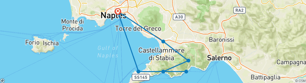 Image of a map showing the route of the tour