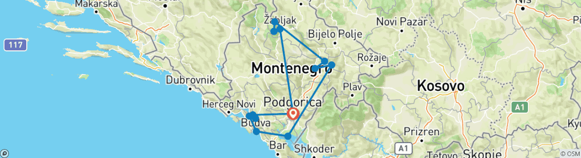 Image of a map showing the route of the tour