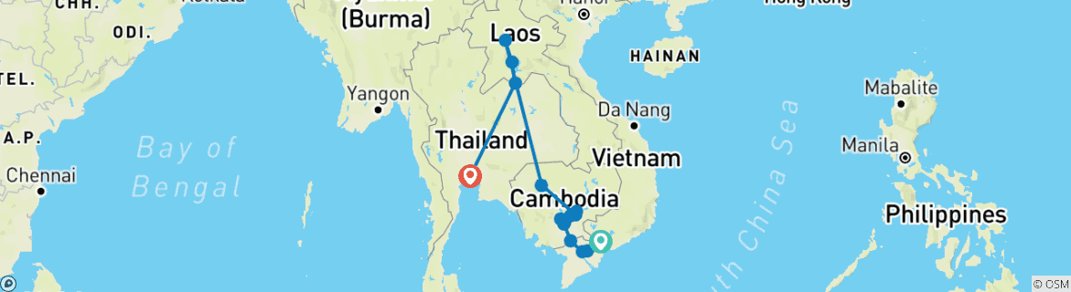 Image of a map showing the route of the tour