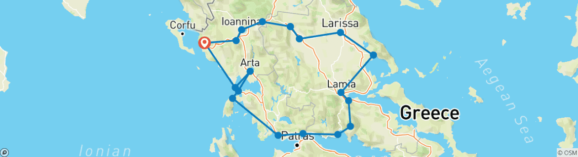 Carte du circuit Grèce Hors saison. Voyage aller-retour de 14 jours vers des attractions moins touristiques au départ d'Igoumenitsa. Profitez de destinations impressionnantes et moins connues. Vieilles villes romaines, byzantines, vénitiennes et ottomanes. Destinati…