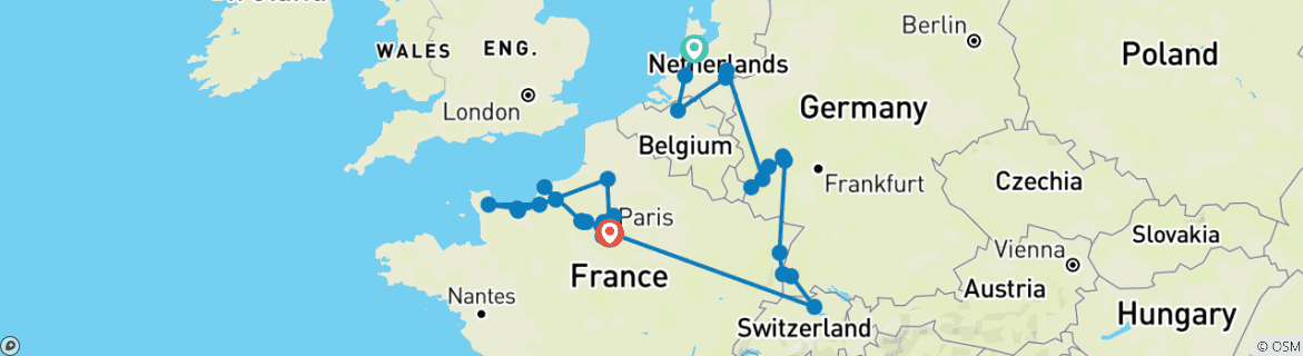 Image of a map showing the route of the tour