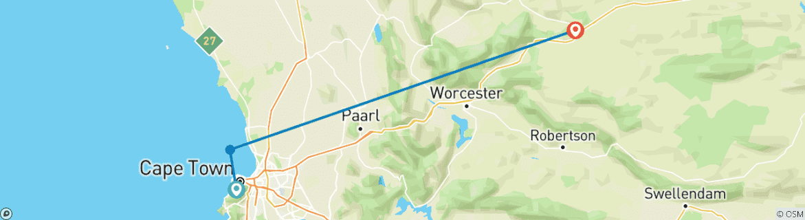 Kaart van 3-Dagen;Kaapstad privétour, rit op de Tafelberg en Robbeneiland, Kaapstad - Overnachting Inverdoorn Safari Game reserve