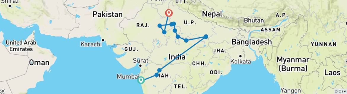 Foto van een kaart met de route van de rondreis