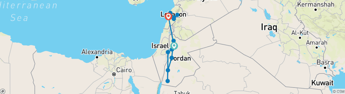 Image of a map showing the route of the tour