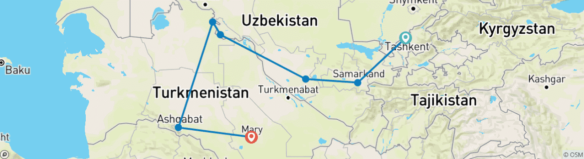 Image of a map showing the route of the tour