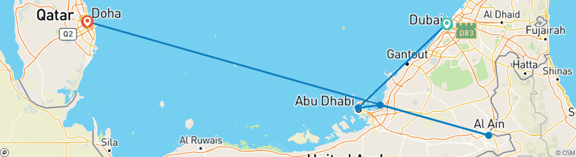 Image of a map showing the route of the tour