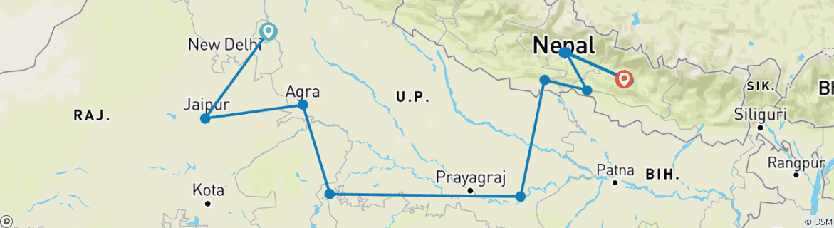 Kaart van Delhi naar Kathmandu (4 sterren) - 16 dagen