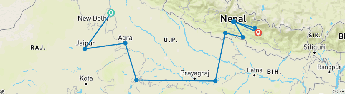 Kaart van Delhi naar Kathmandu (5 sterren) - 16 dagen