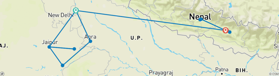 Image of a map showing the route of the tour