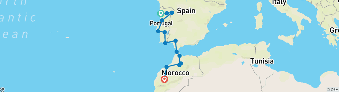 Image of a map showing the route of the tour