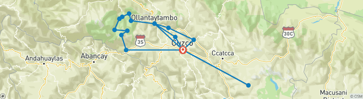Carte du circuit L'explorateur des Andes 9 jours avec visite de la ville, Vallée sacrée, randonnée dans le Salkantay et la montagne Arc-en-ciel