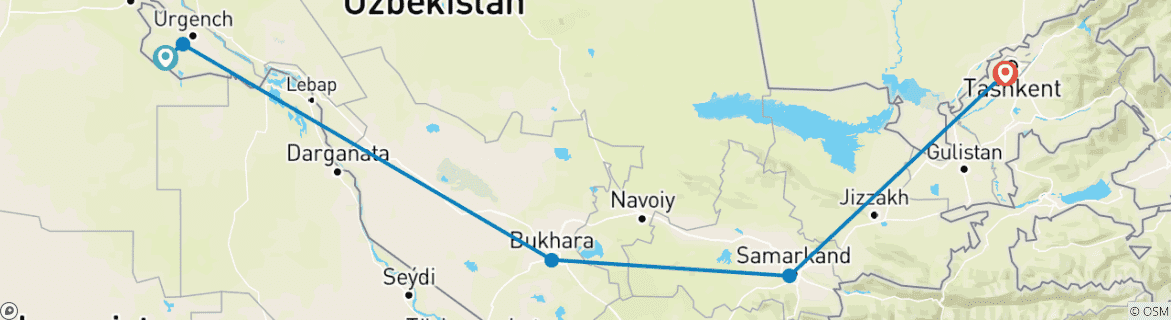 Image of a map showing the route of the tour