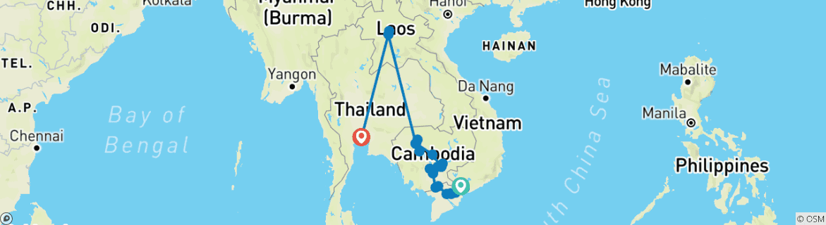 Image of a map showing the route of the tour