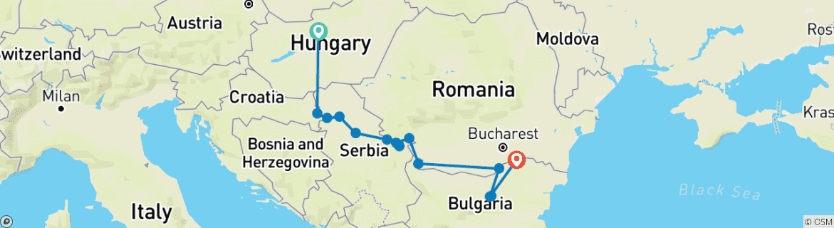 Image of a map showing the route of the tour