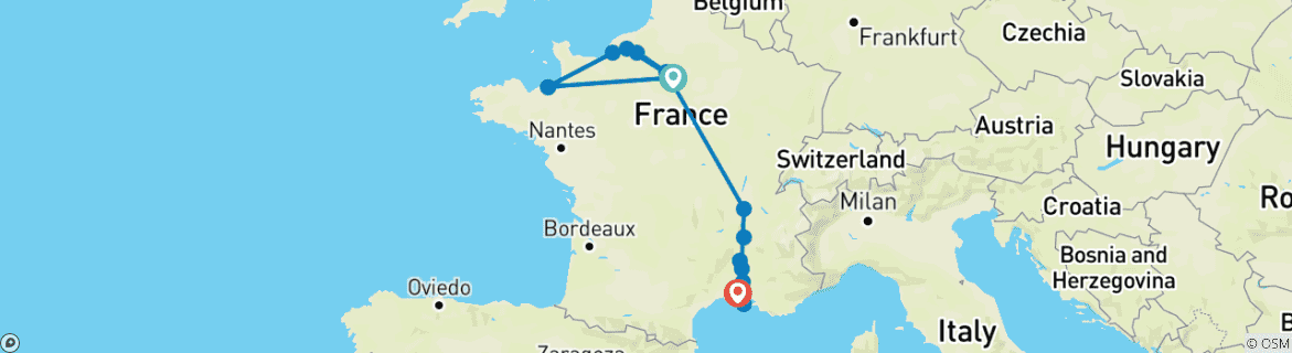 Mapa de Activa y Descubre el Sena y el Ródano con 2 Noches en Saint-Malo (Visita al Monte St. Michel)