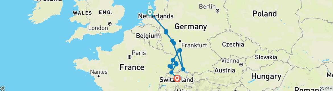 Image of a map showing the route of the tour