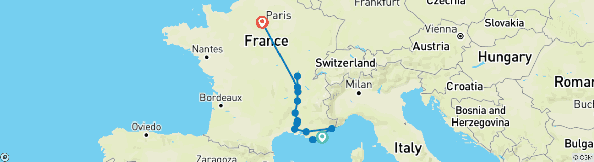 Image of a map showing the route of the tour