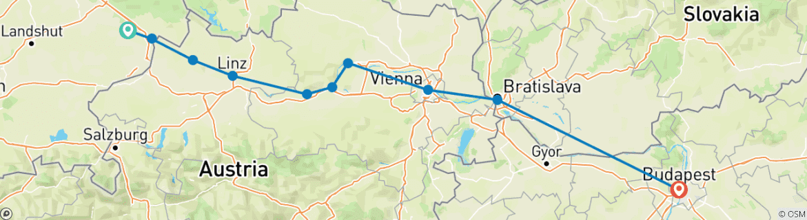Image of a map showing the route of the tour
