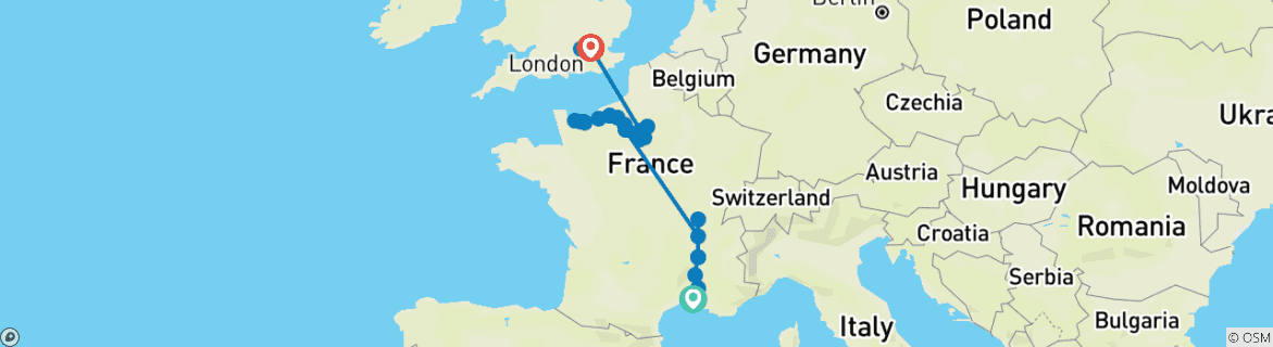Image of a map showing the route of the tour