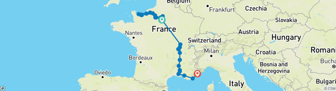 Image of a map showing the route of the tour
