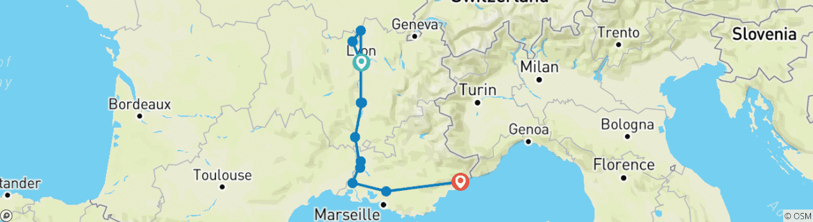Carte du circuit Bourgogne et Provence avec 2 nuits sur la Côte d'Azur pour les amateurs de vin (vers le sud) 2027