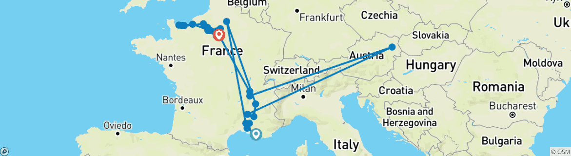 Image of a map showing the route of the tour