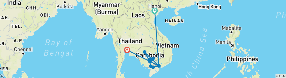 Foto van een kaart met de route van de rondreis