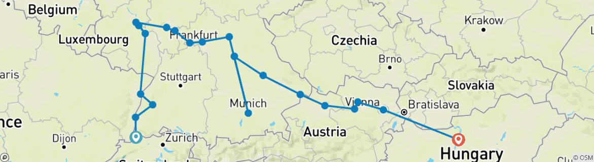 Image of a map showing the route of the tour
