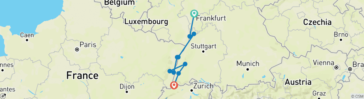 Image of a map showing the route of the tour