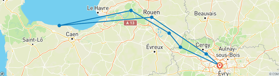 Image of a map showing the route of the tour