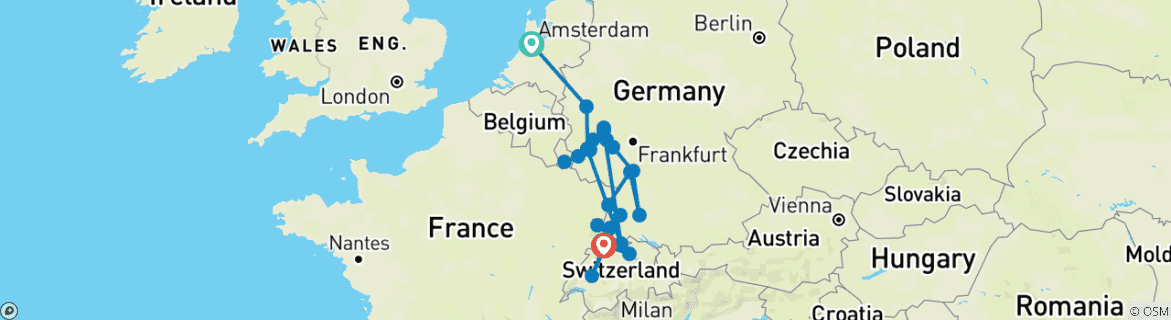 Image of a map showing the route of the tour
