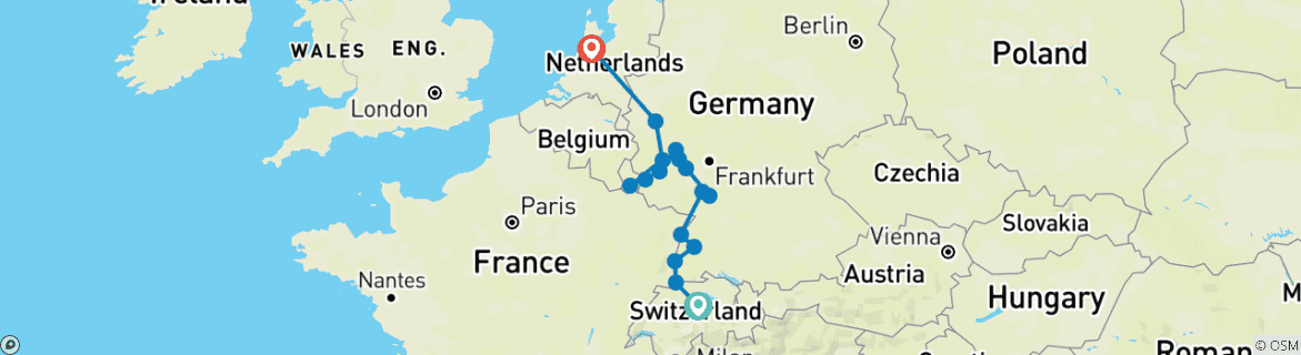 Image of a map showing the route of the tour