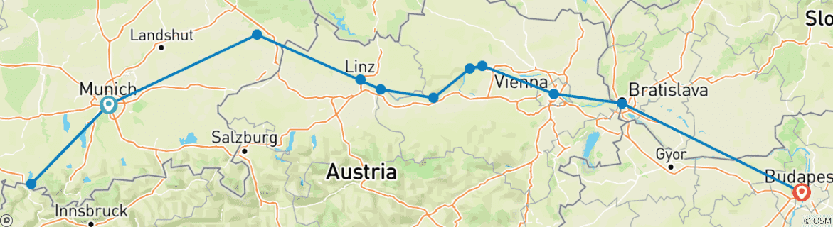 Image of a map showing the route of the tour