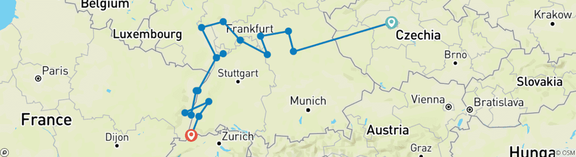 Image of a map showing the route of the tour