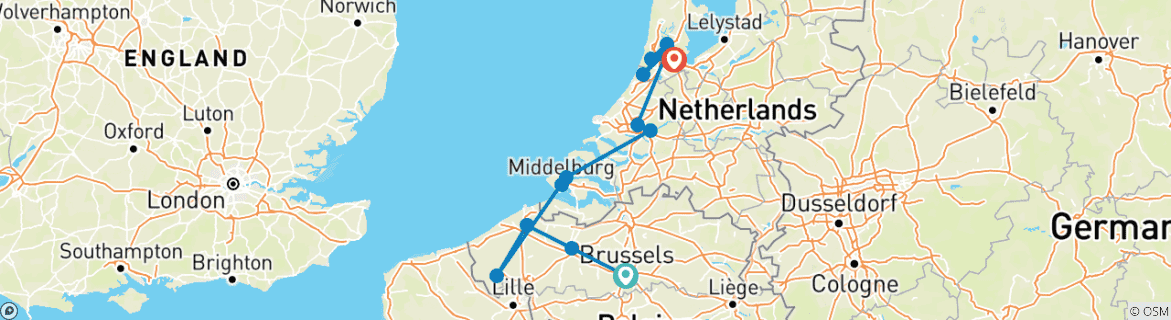 Image of a map showing the route of the tour