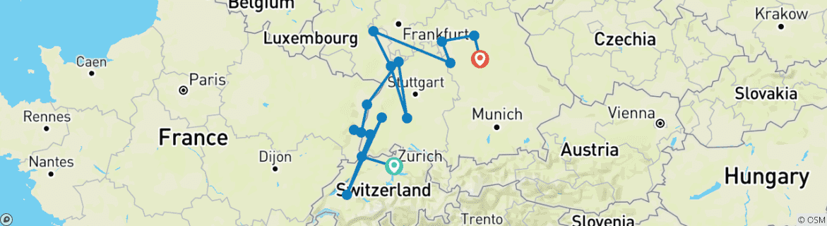 Image of a map showing the route of the tour