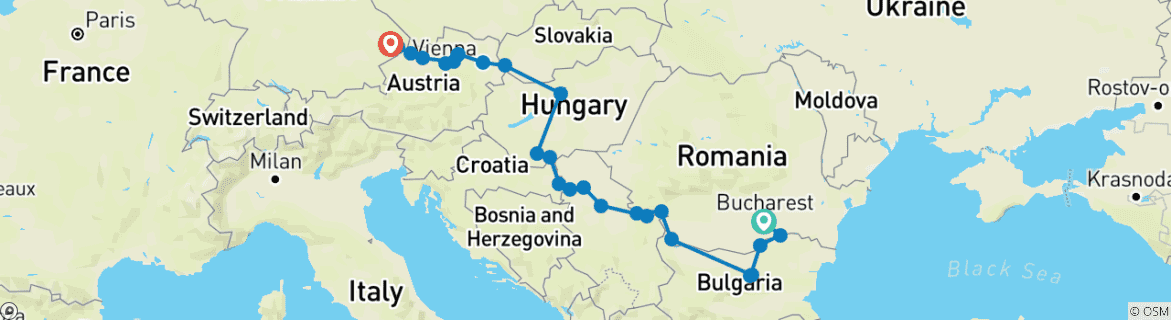 Image of a map showing the route of the tour